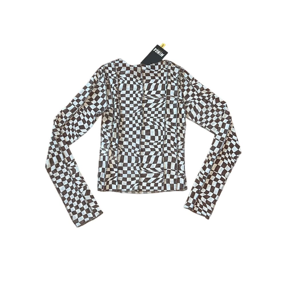 Minga London Women’s Shirt Long Sleeve Size 2 XS Sheer Checkered Brown & White